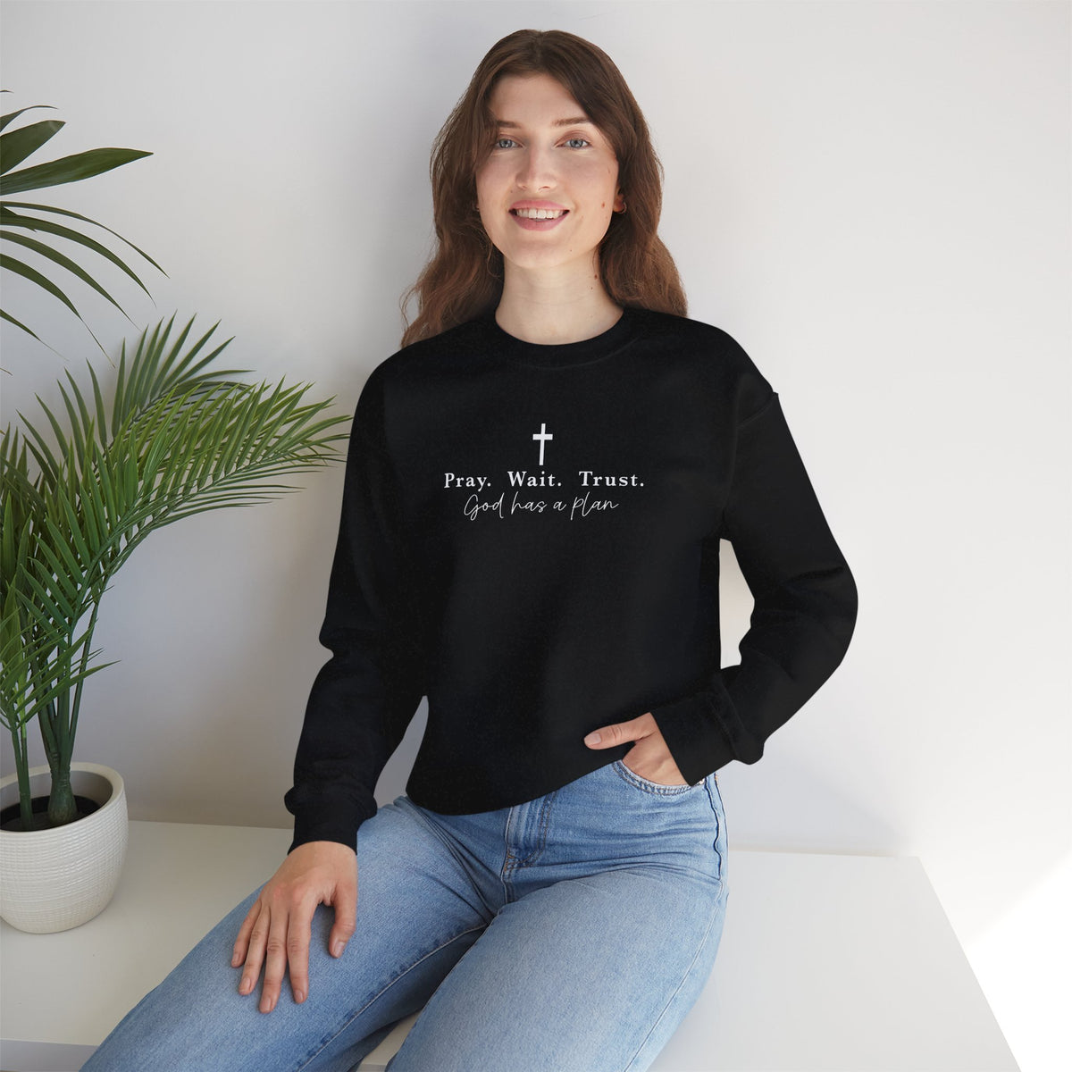 Christian Crewneck Sweatshirt — "Pray. Wait. Trust. God has a plan."