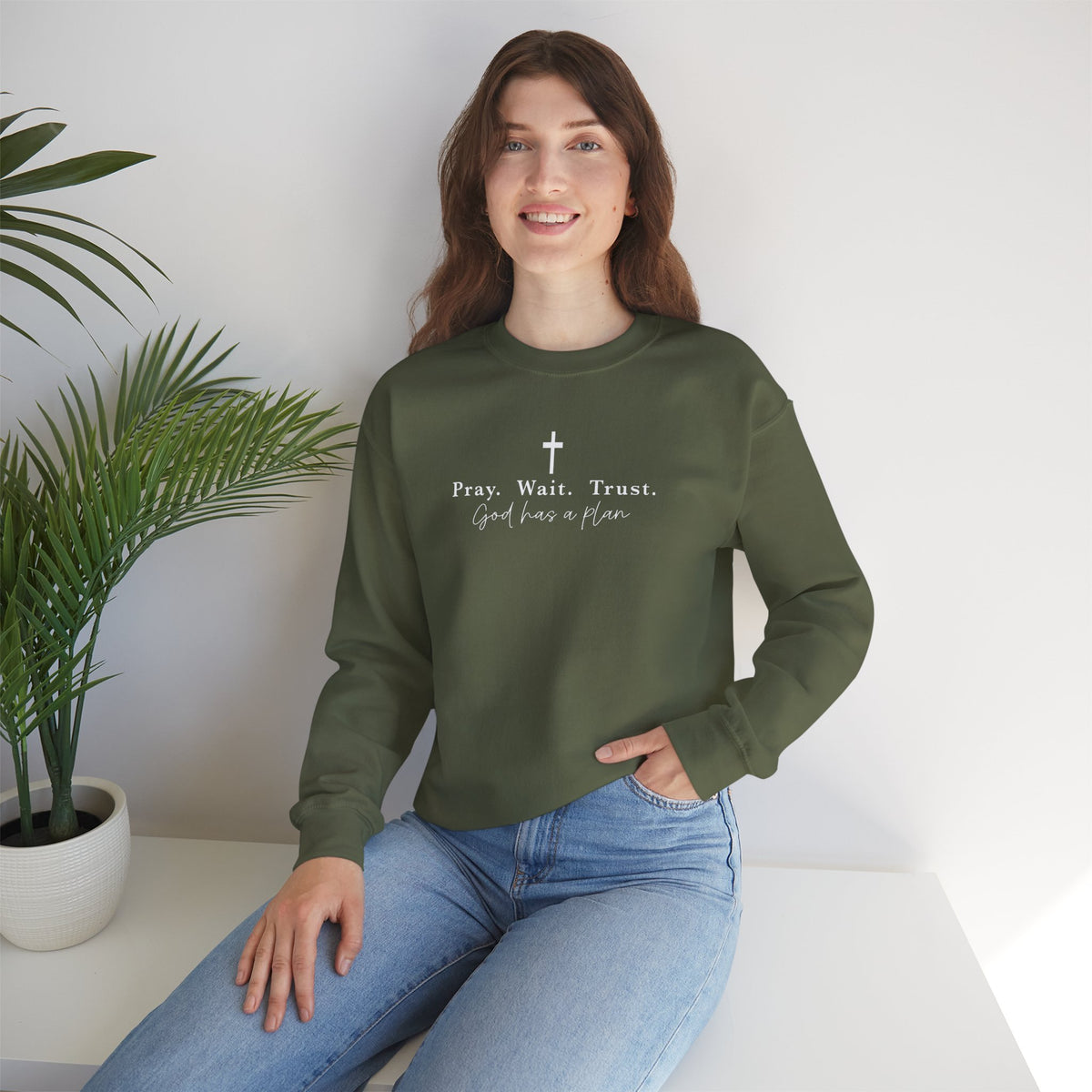 Christian Crewneck Sweatshirt — "Pray. Wait. Trust. God has a plan."