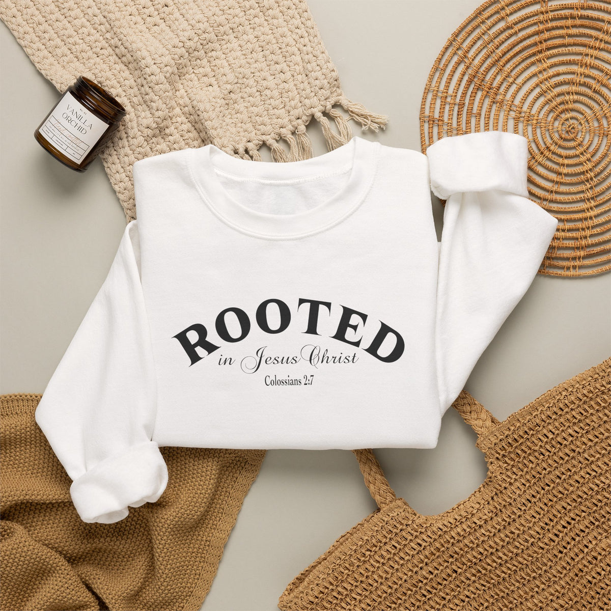 Rooted Crewneck Sweatshirt – Christian Faith ‘Rooted in Jesus Christ’ Graphic