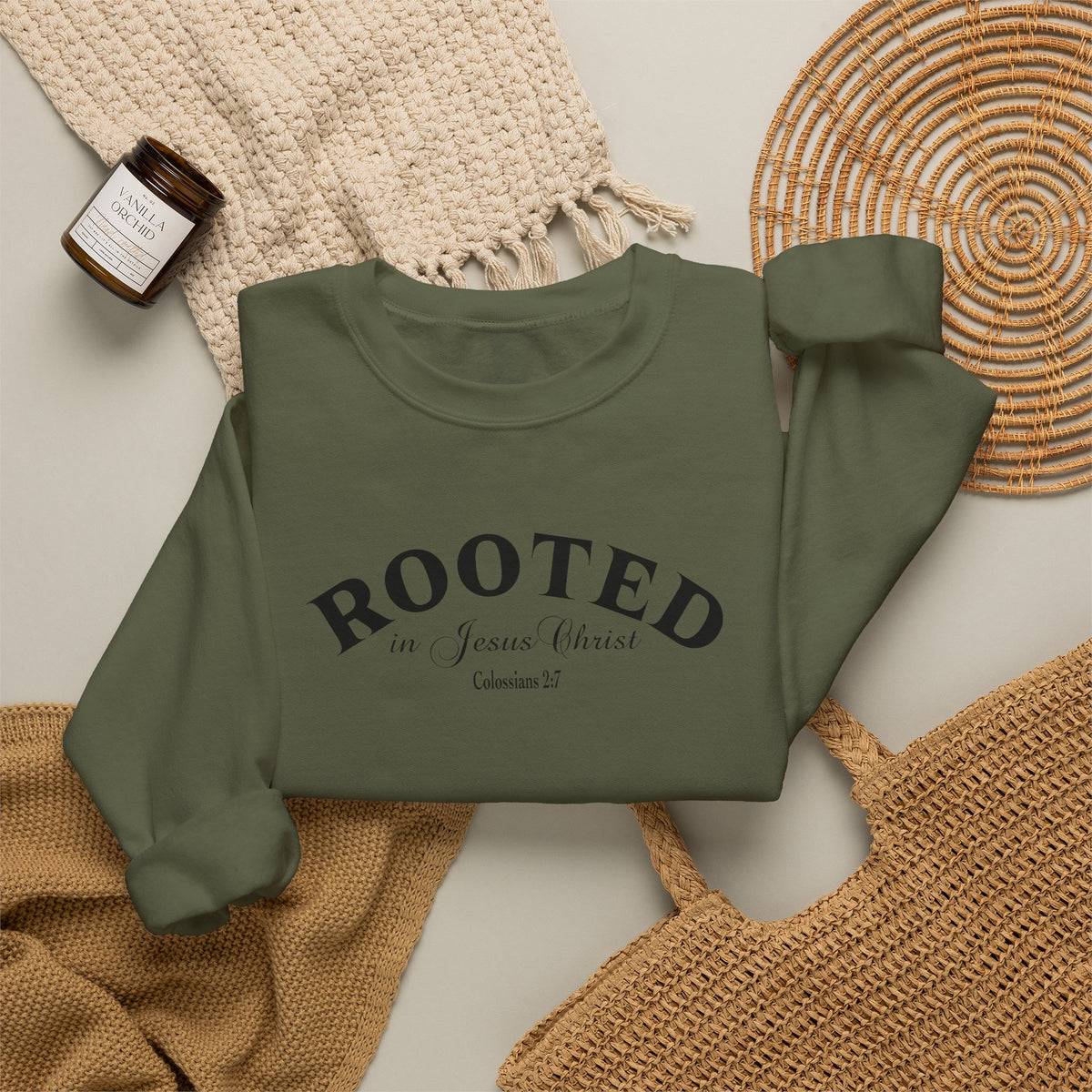 Rooted Crewneck Sweatshirt – Christian Faith ‘Rooted in Jesus Christ’ Graphic