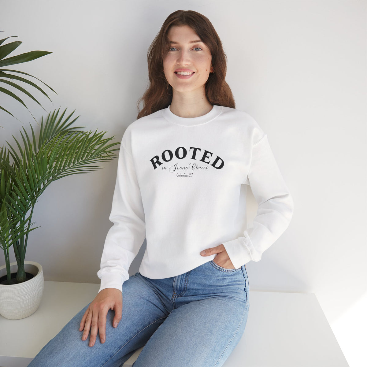 Rooted Crewneck Sweatshirt – Christian Faith ‘Rooted in Jesus Christ’ Graphic