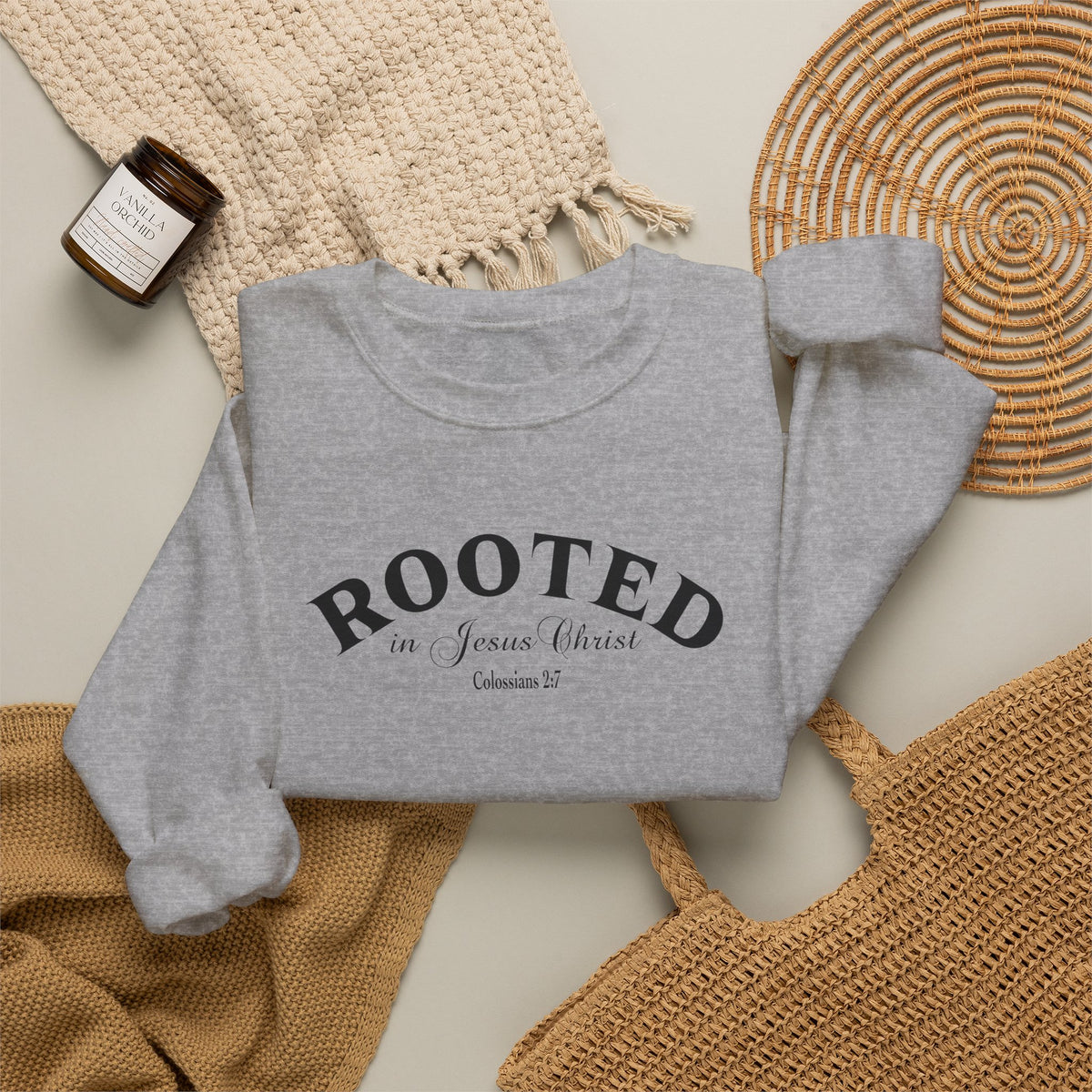 Rooted Crewneck Sweatshirt – Christian Faith ‘Rooted in Jesus Christ’ Graphic
