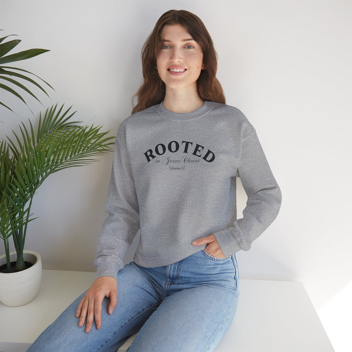 Rooted Crewneck Sweatshirt – Christian Faith ‘Rooted in Jesus Christ’ Graphic