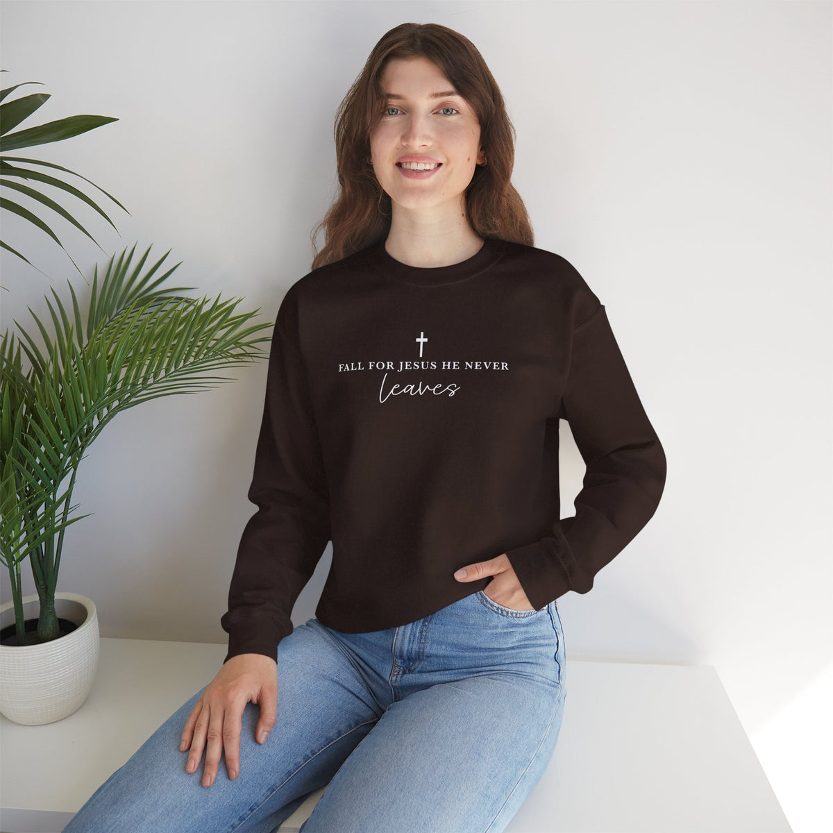 Faith Crewneck Sweatshirt — "For Jesus He Never Leaves" Christian Pullover
