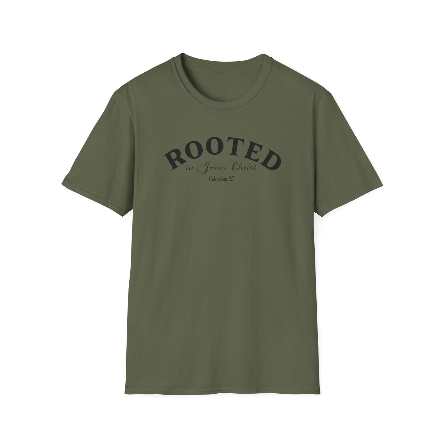 Rooted in Jesus Christ T-Shirt — Faith-Based Christian Tee (Colossians 2:7)