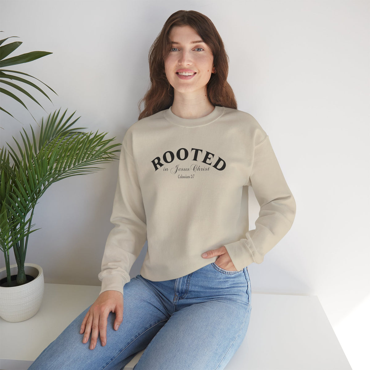 Rooted Crewneck Sweatshirt – Christian Faith ‘Rooted in Jesus Christ’ Graphic