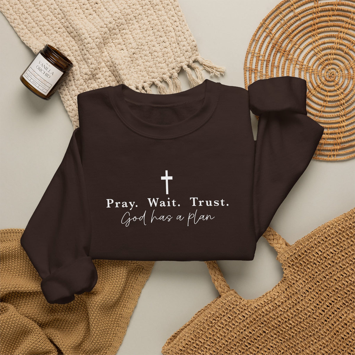 Christian Crewneck Sweatshirt — "Pray. Wait. Trust. God has a plan."