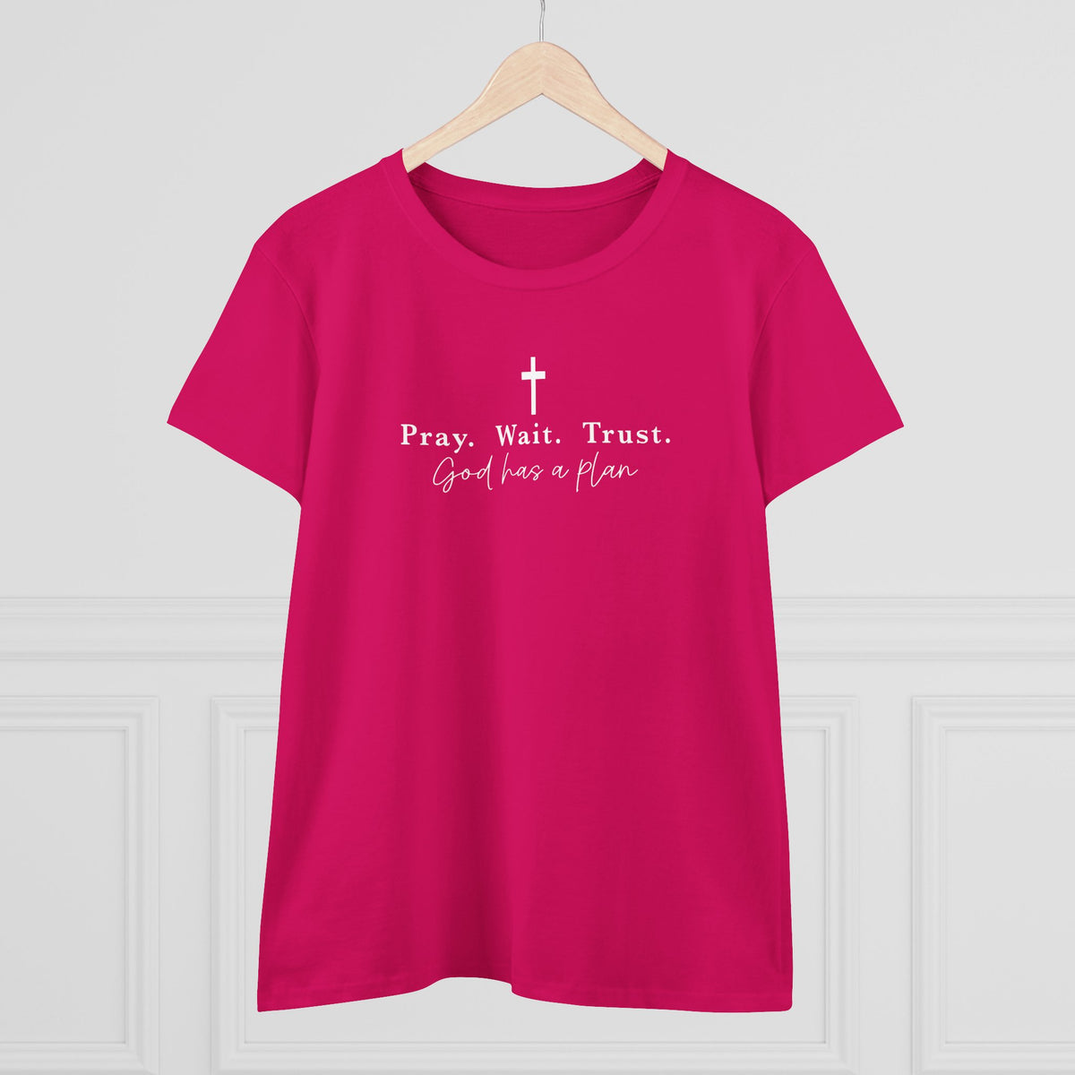Pray Wait Trust Tee — Women's Faith T‑Shirt ("God Has a Plan")