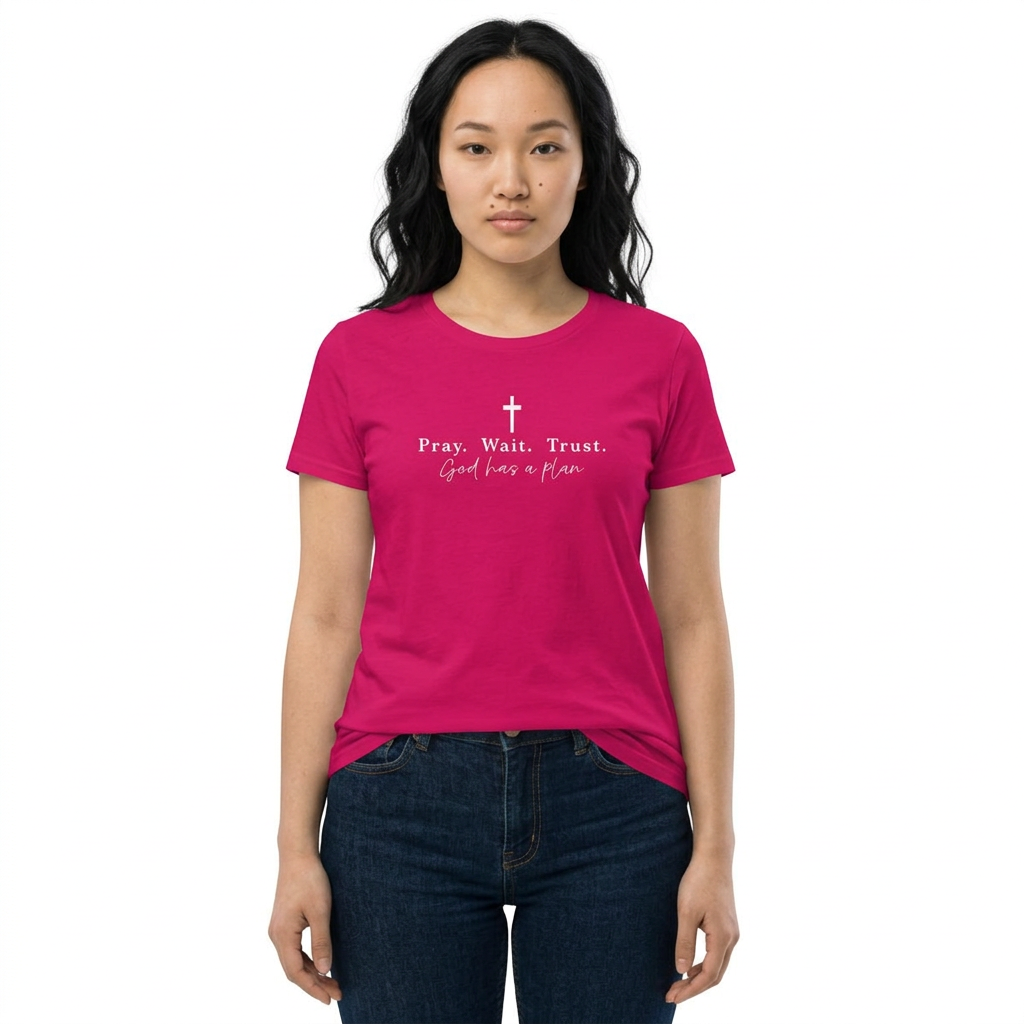 Pray Wait Trust Tee — Women's Faith T‑Shirt ("God Has a Plan")