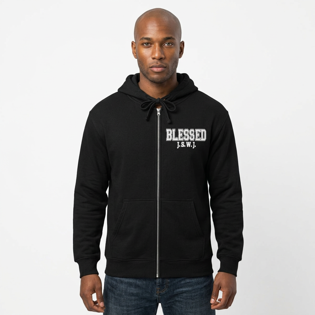 Blessed Full-Zip Hoodie - "BLESSED J.S.W.J." Inspirational Zip-Up Sweatshirt