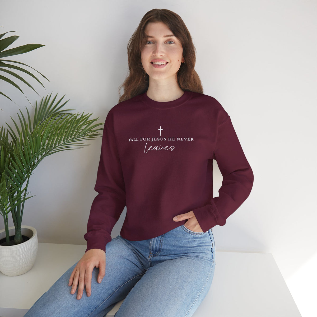 Faith Crewneck Sweatshirt — "For Jesus He Never Leaves" Christian Pullover
