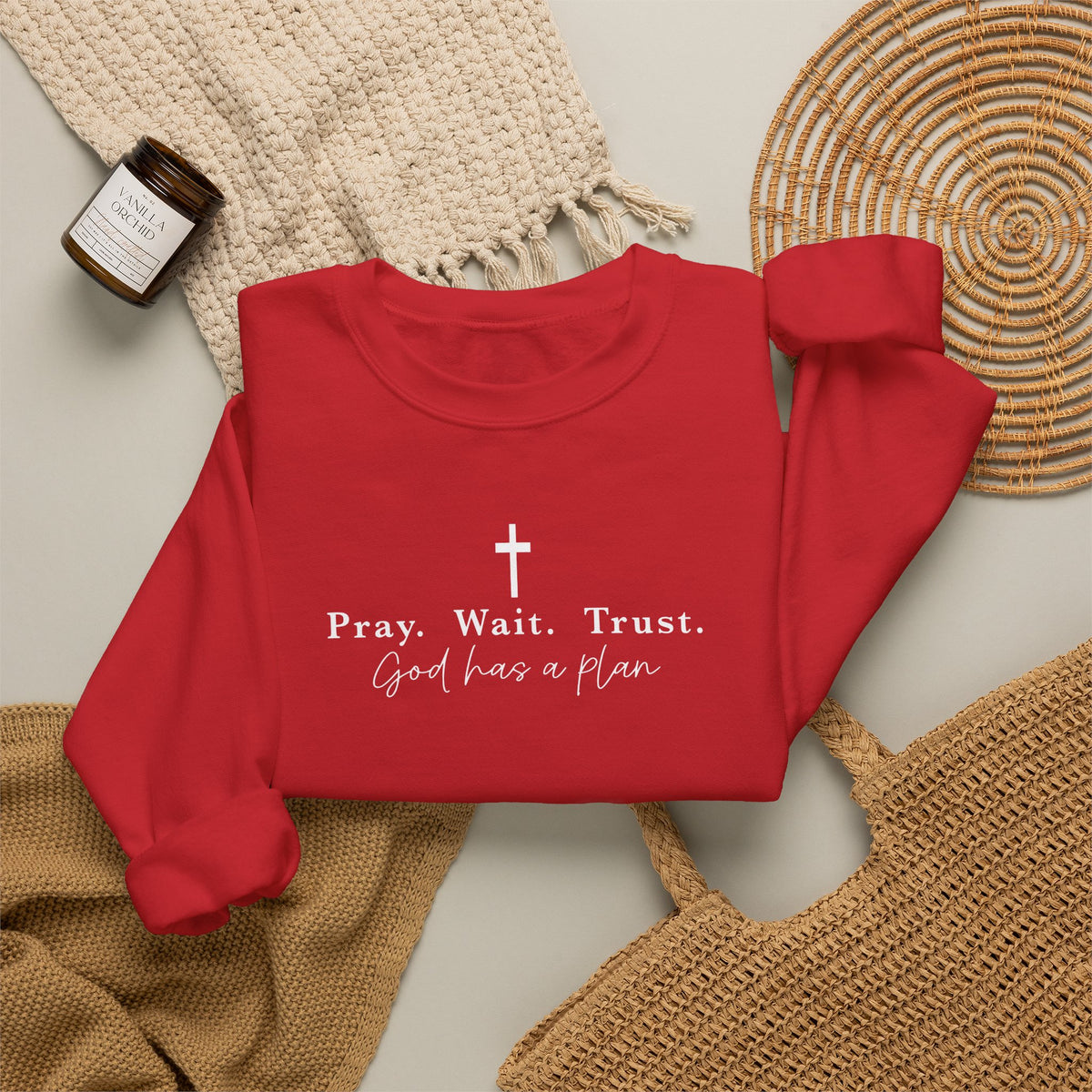 Christian Crewneck Sweatshirt — "Pray. Wait. Trust. God has a plan."