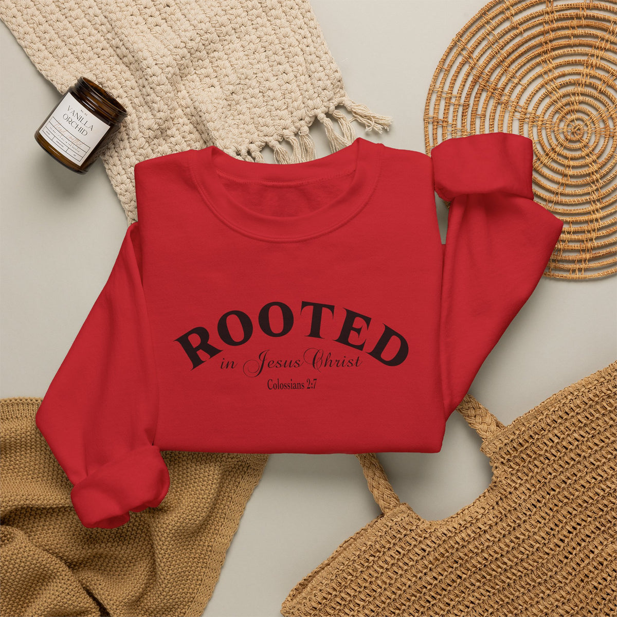 Rooted Crewneck Sweatshirt – Christian Faith ‘Rooted in Jesus Christ’ Graphic