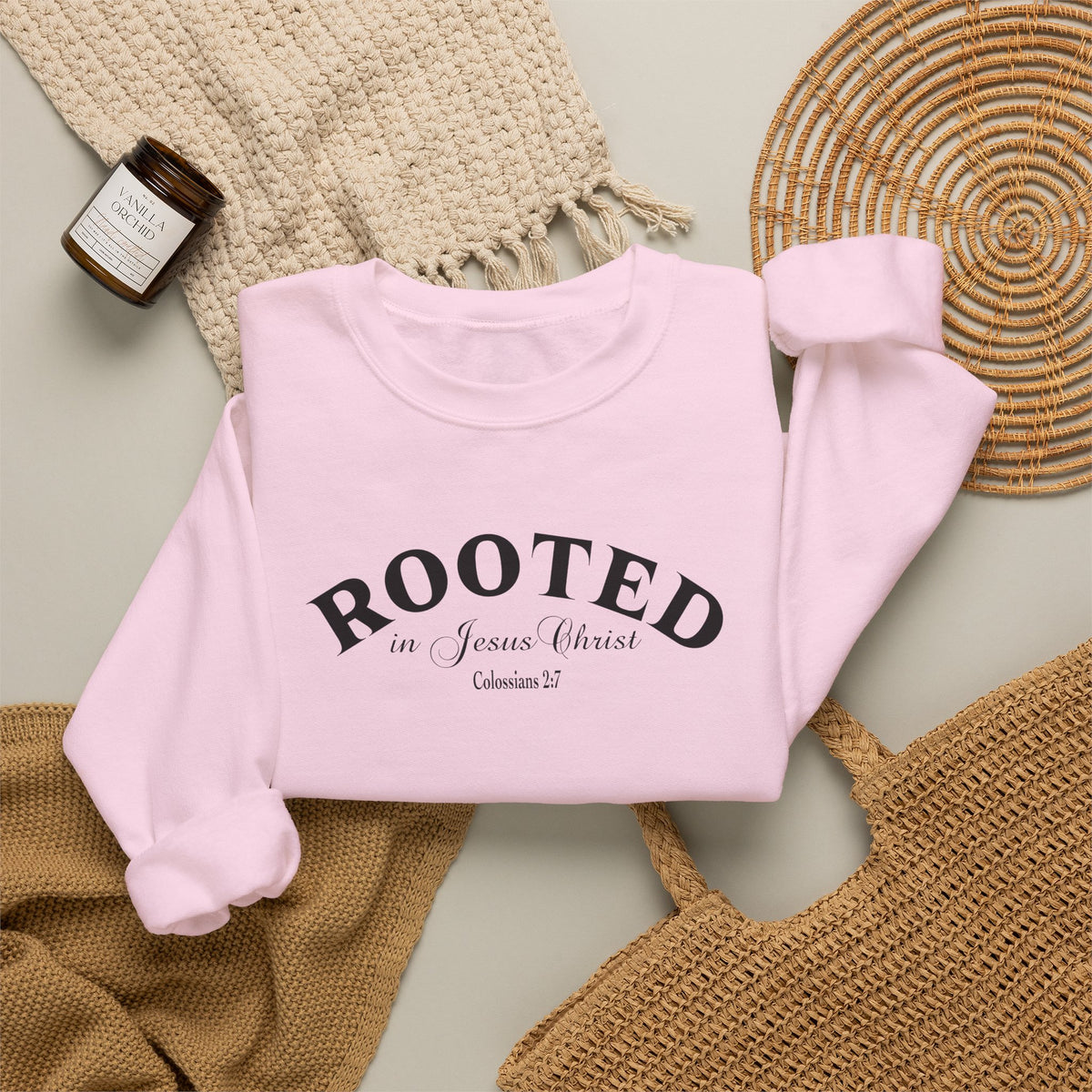 Rooted Crewneck Sweatshirt – Christian Faith ‘Rooted in Jesus Christ’ Graphic