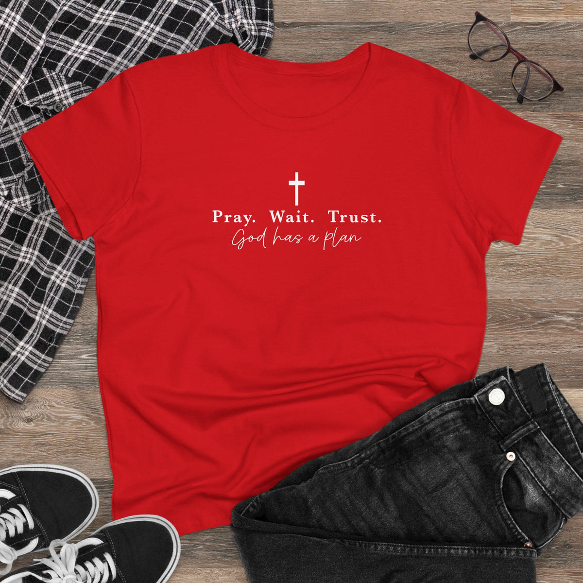 Pray Wait Trust Tee — Women's Faith T‑Shirt ("God Has a Plan")