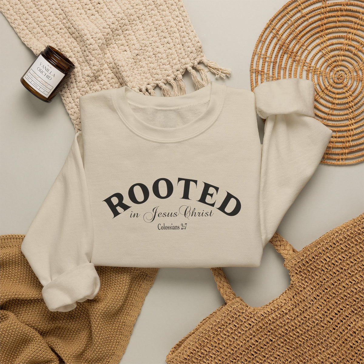 Rooted Crewneck Sweatshirt – Christian Faith ‘Rooted in Jesus Christ’ Graphic