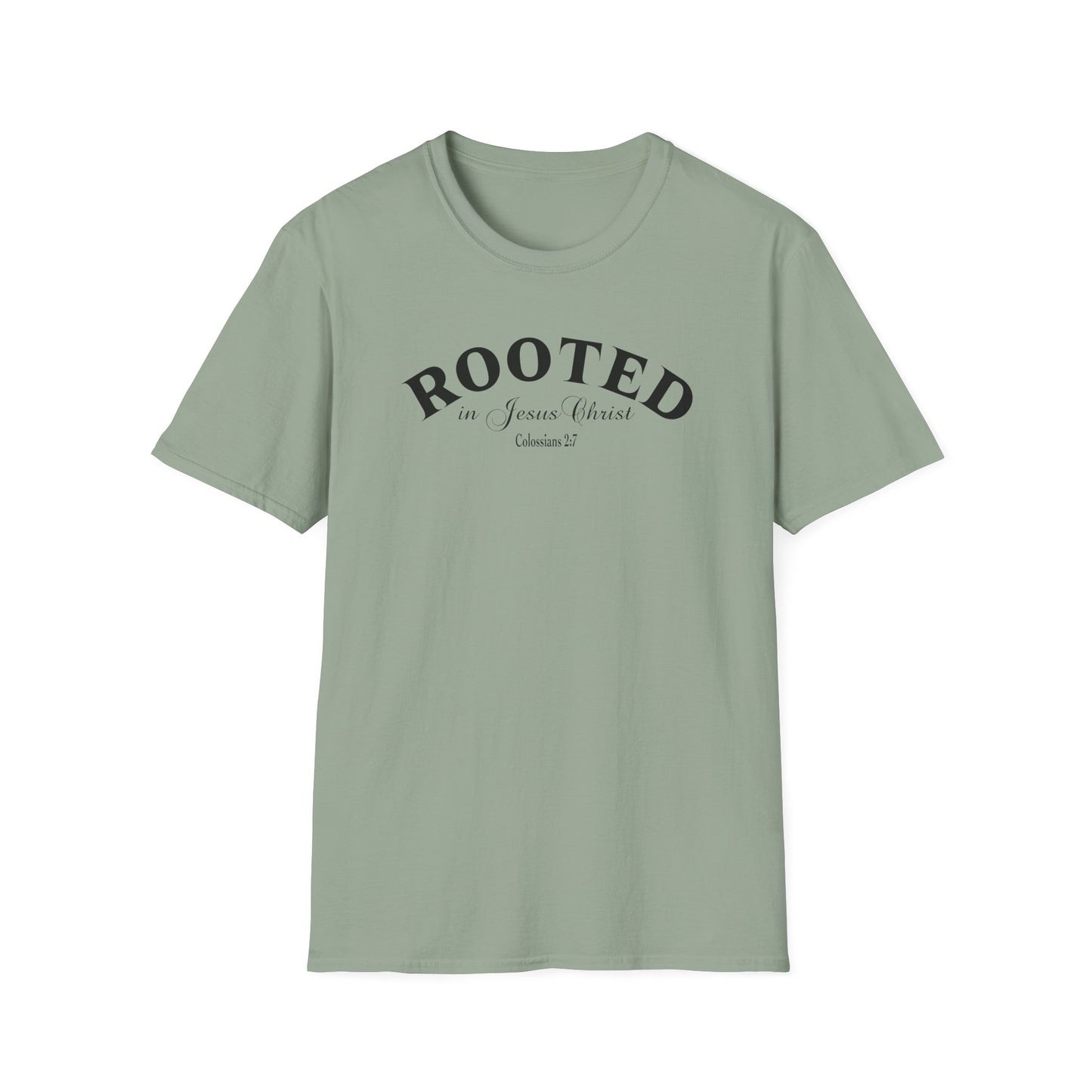 Rooted in Jesus Christ T-Shirt — Faith-Based Christian Tee (Colossians 2:7)
