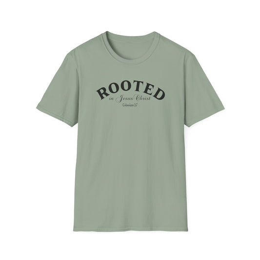 Rooted in Jesus Christ T-Shirt — Faith-Based Christian Tee (Colossians 2:7)