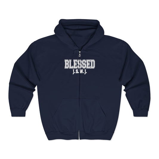 Blessed Full-Zip Hoodie - "BLESSED J.S.W.J." Inspirational Zip-Up Sweatshirt