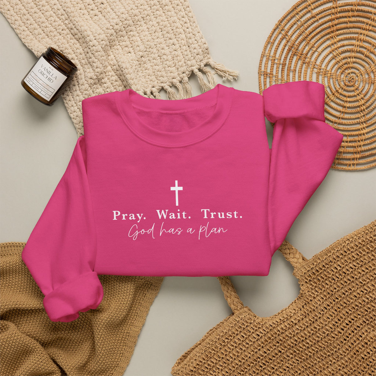 Christian Crewneck Sweatshirt — "Pray. Wait. Trust. God has a plan."
