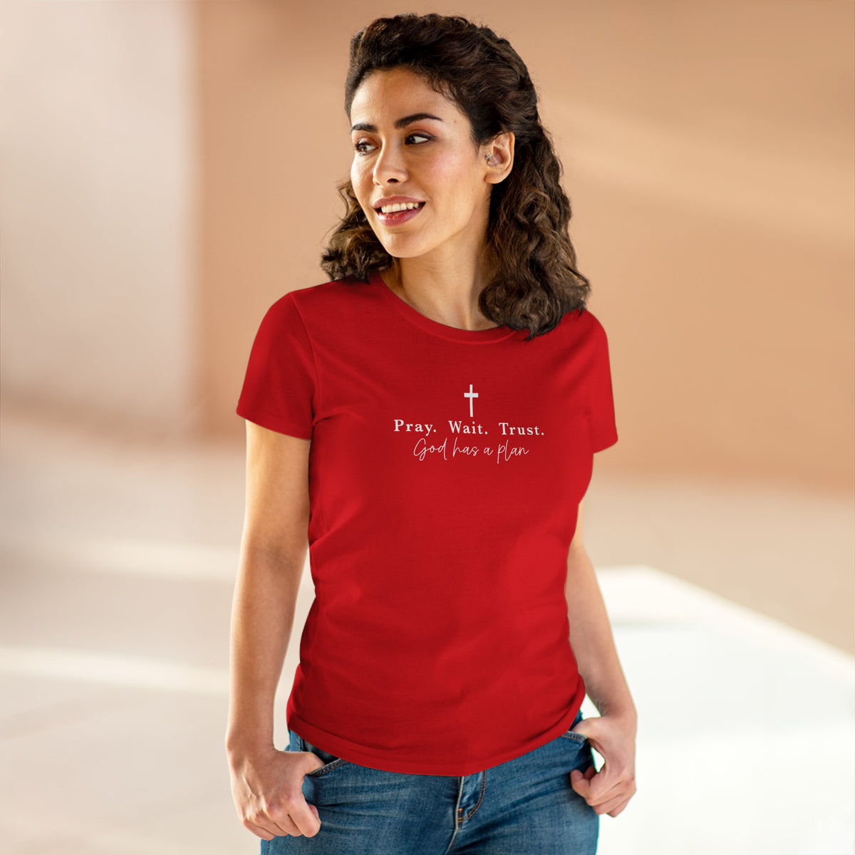 Pray Wait Trust Tee — Women's Faith T‑Shirt ("God Has a Plan")
